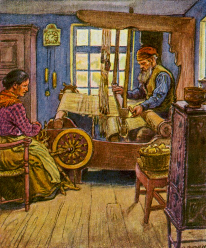 Weberstube / Tkalcovna (barevná litografie) od German School