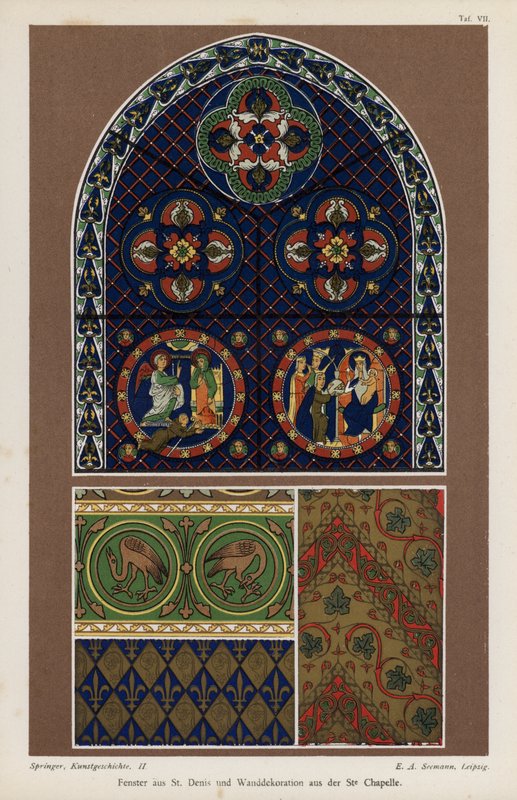 Okno z baziliky St Denis a nástěnná dekorace ze Sainte-Chapelle, Paříž, Francie (barva litho) od German School