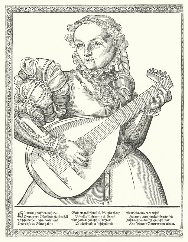 Žena hrající na loutnu (rytina) od German School