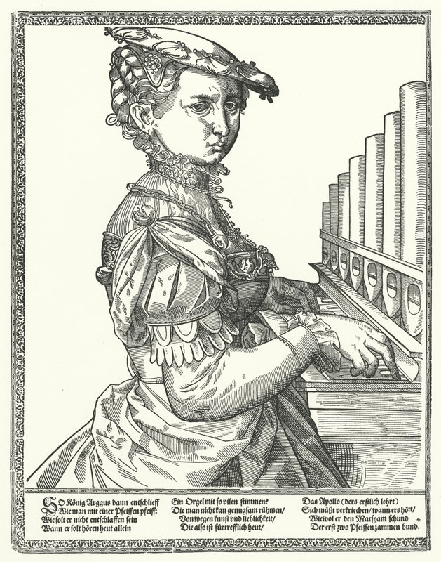 Žena hrající na varhany (rytina) od German School
