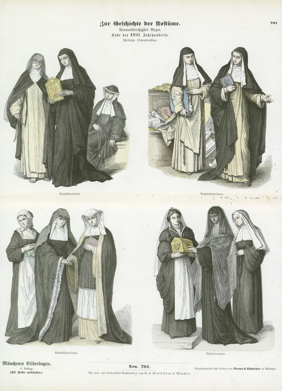 Dámské kostýmy křesťanských náboženských řádů, konec 18. století od German School