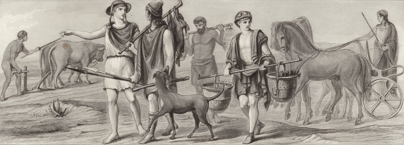 Práce a povolání ve starověkém Řecku. Ilustrace pro Bilder-Atlas (rytina) od German School
