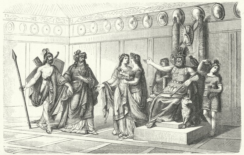 Wotan přijímá hudebníky představené Bragim, bohem poezie a písně (rytina) od German School