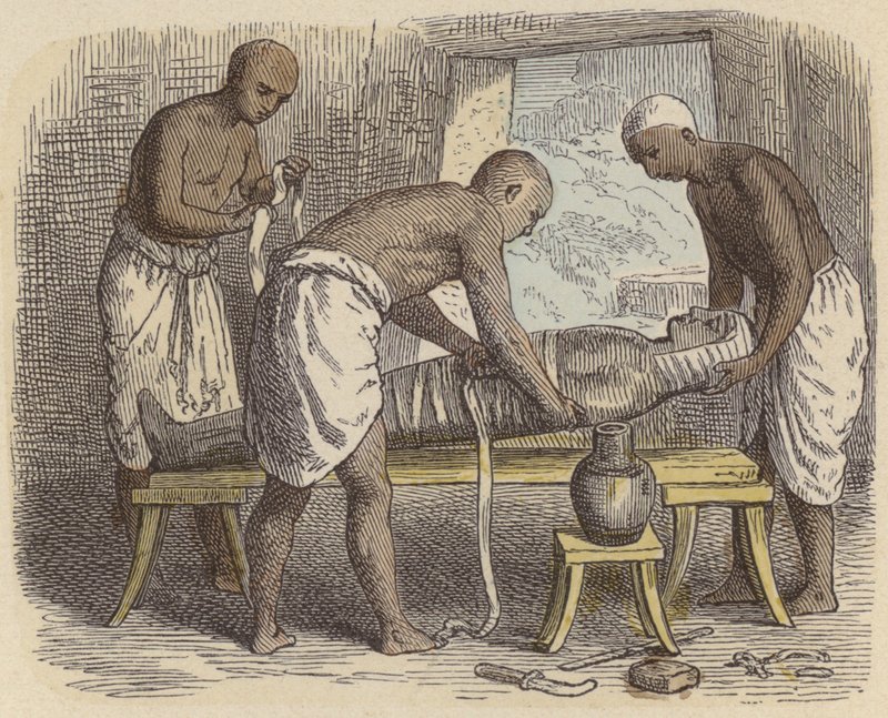 Balení mumie ve starověkém Egyptě (barevná rytina) od German School