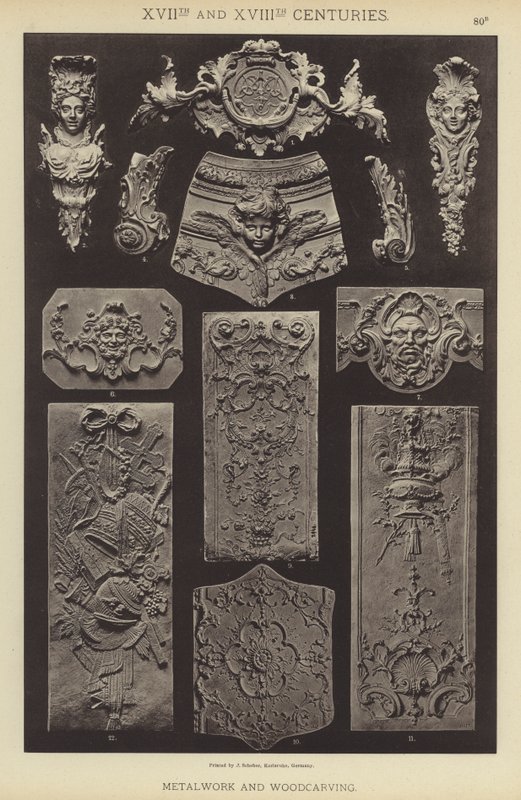 XVII. a XVIII. století, kovovýroba a řezbářství (barevné lito) od German School