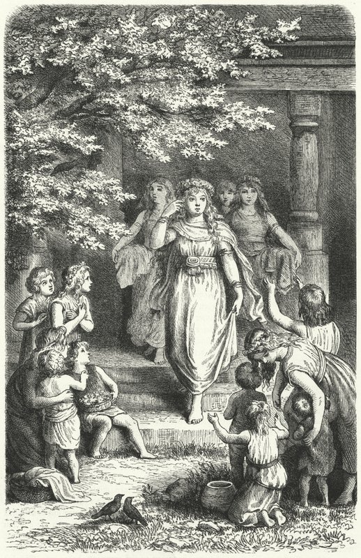 Mladé německé ženy nosí věnce na oslavu svátku Eostre (Ostara) (rytina) od German School