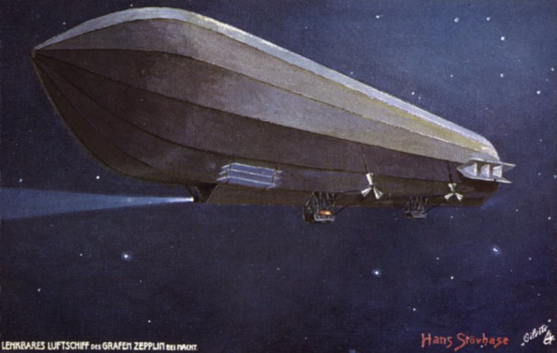 Vzducholoď Zeppelin létající v noci od German School
