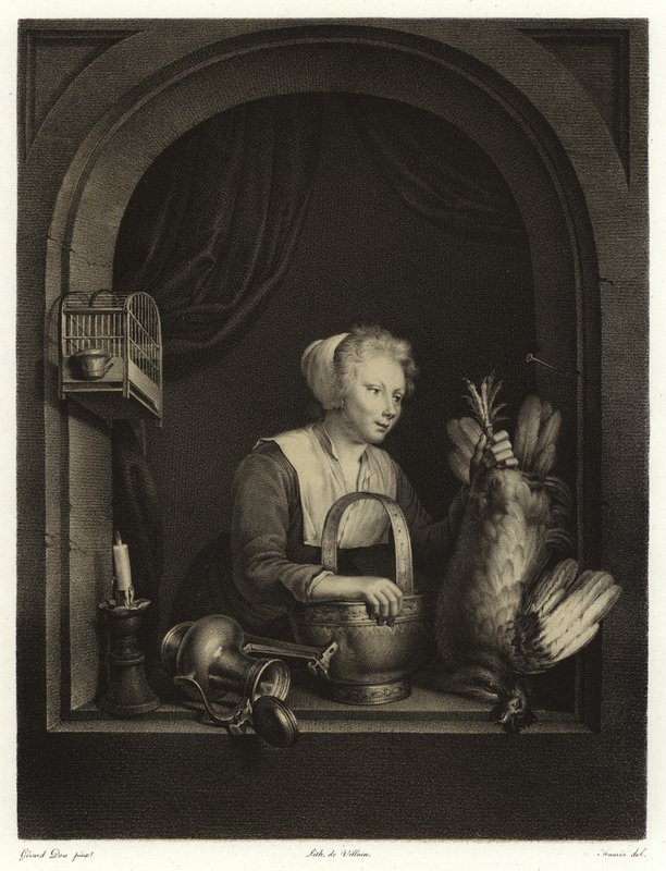 Žena věší drůbež od Gerrit Dou