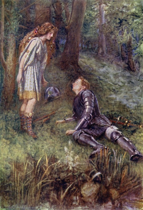 Belphoebe succours Timias (barevné lito) od Gertrude E. Demain (after) Hammond