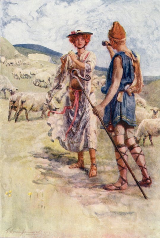 Calidore a Pastorella (barevná litho) od Gertrude E. Demain (after) Hammond