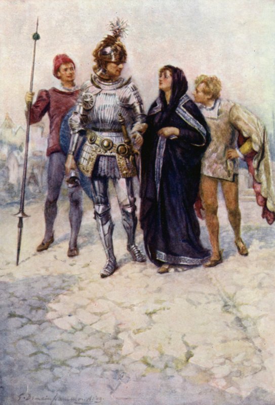 Princ Arthur vede Belge a její syny do hradu (barva lito) od Gertrude E. Demain (after) Hammond