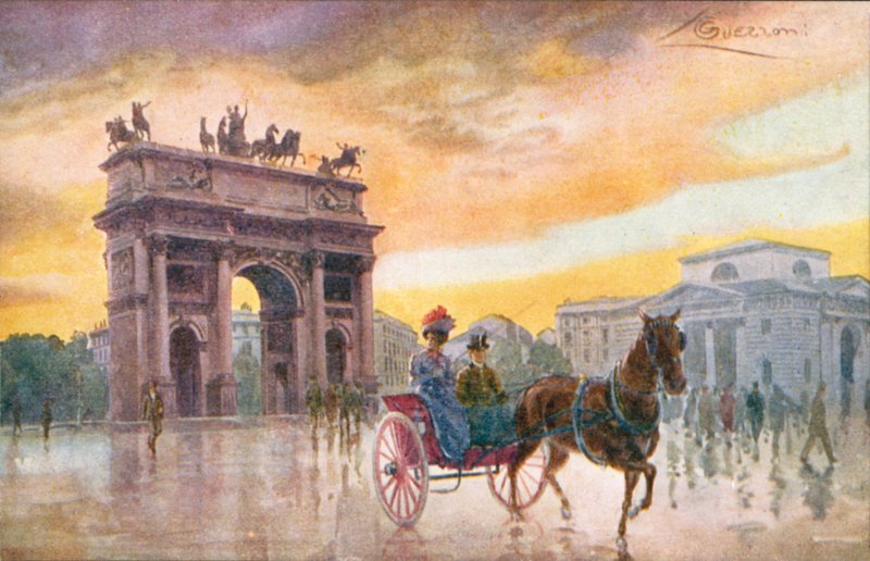 Milán / Milan: Arco della Pace (barevná litografie) od Giovanni Guerzoni