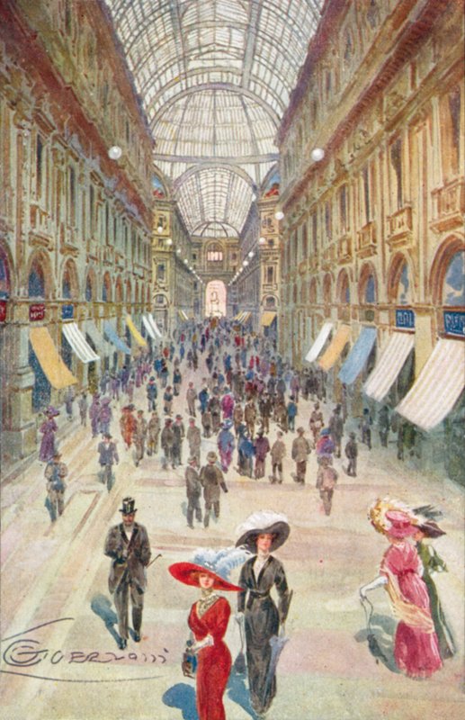 Milán / Milan: Galleria Vittorio Emanuele II (barevná litografie) od Giovanni Guerzoni