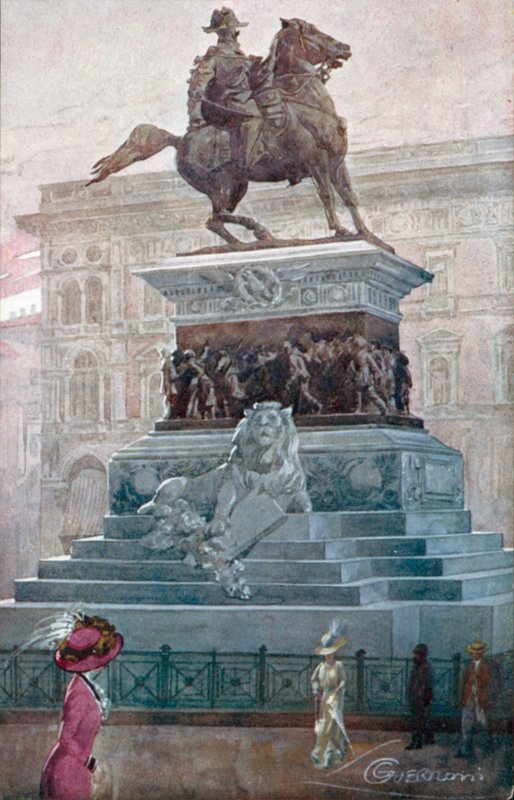 Milán / Milan: Pomník Viktora Emanuela II. (barevná litografie) od Giovanni Guerzoni