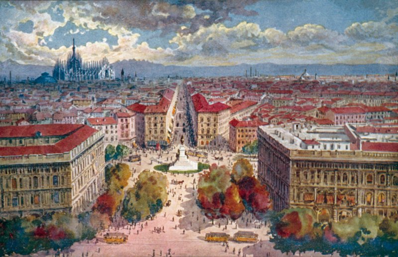 Milano / Milán: Panorama z hradu (barevná litografie) od Giovanni Guerzoni