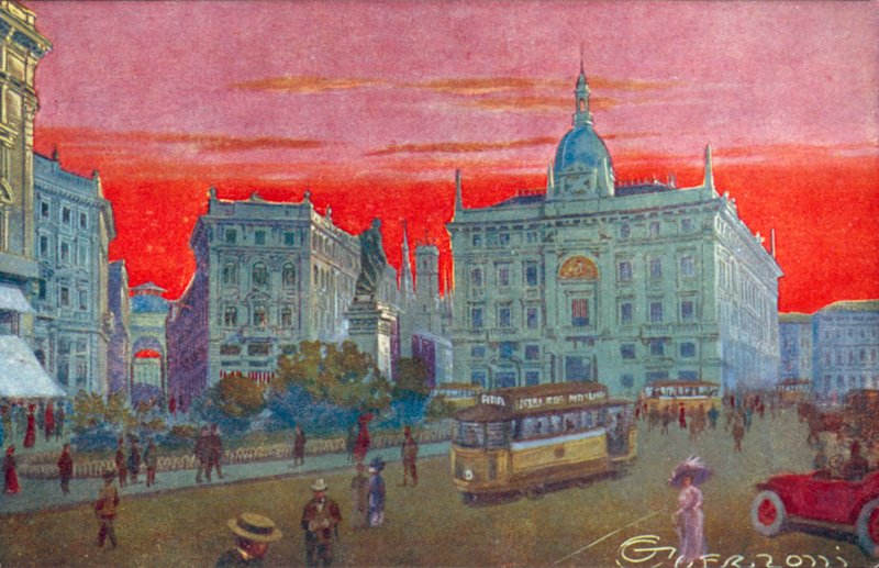 Milán / Milan: Piazza Cordusio (barevná litografie) od Giovanni Guerzoni