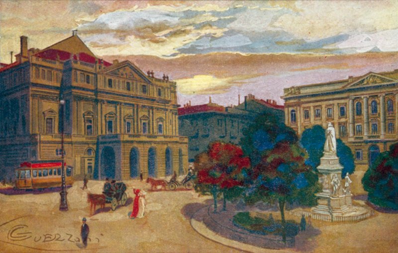 Milano / Milán: Piazza a Teatro della Scala (barevná litografie) od Giovanni Guerzoni