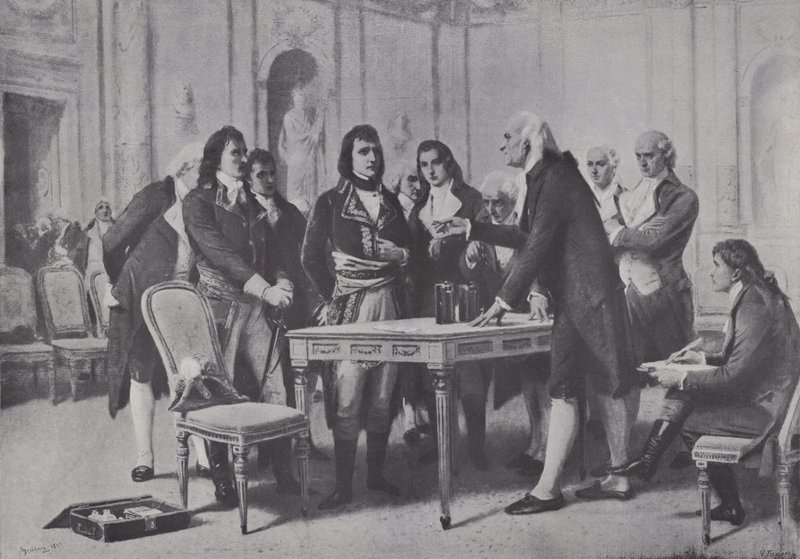 Alessandro Volta předvádí svou baterii Napoleonovi, prvnímu francouzskému konzulovi, 1801 od Giuseppe Bertini