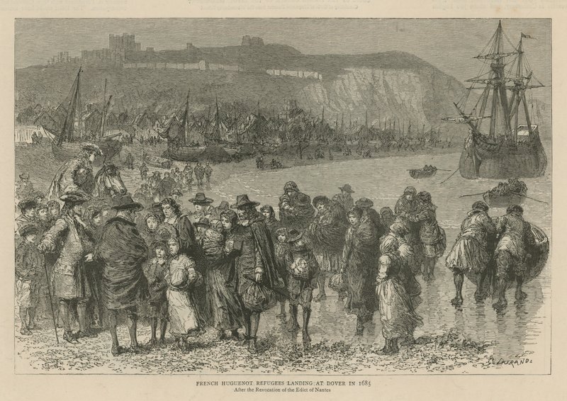 Hugenoti v Anglii: Francouzští hugenoti se vylodili v Doveru v roce 1685 (rytina) od Godefroy Durand