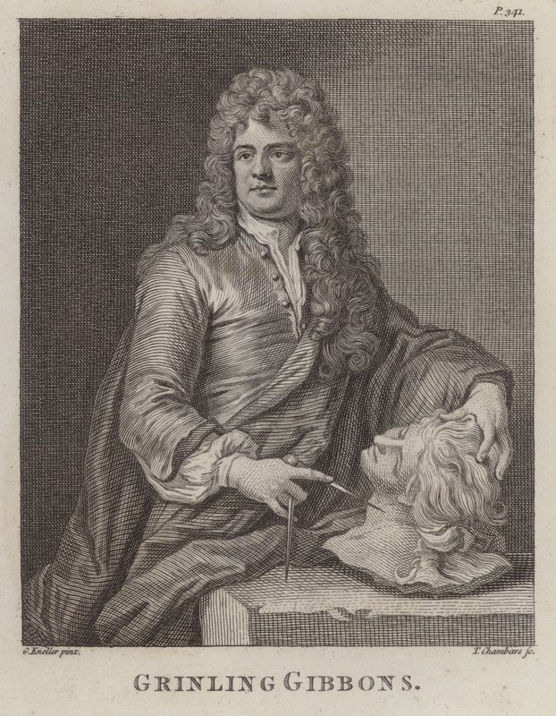 Grinling Gibbons , anglický řezbář a sochař (rytina) od Godfrey (after) Kneller