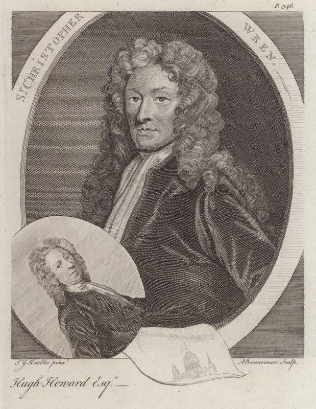 Sir Christopher Wren, anglický architekt, a Hugh Howard, anglický umělec a sběratel (rytina) od Godfrey (after) Kneller