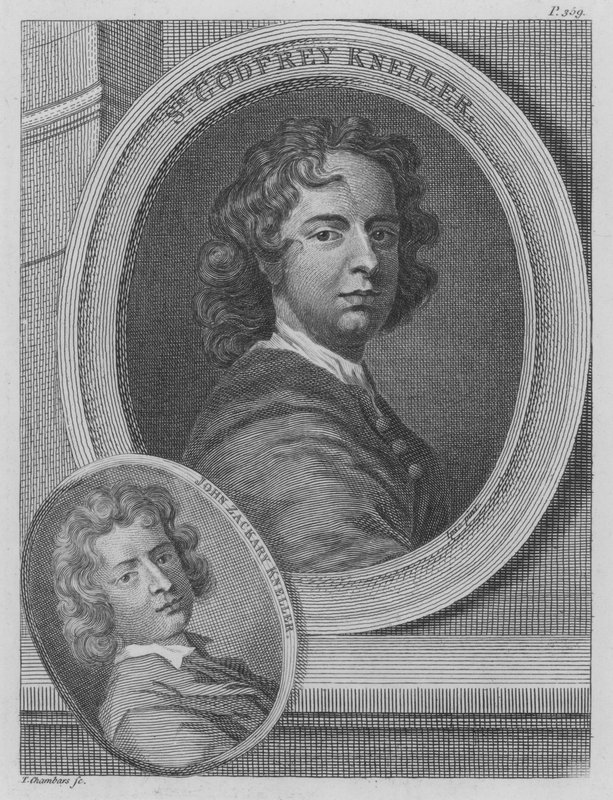 Sir Godfrey Kneller a John Zacharias Kneller, němečtí umělci působící v Anglii (rytina) od Godfrey (after) Kneller