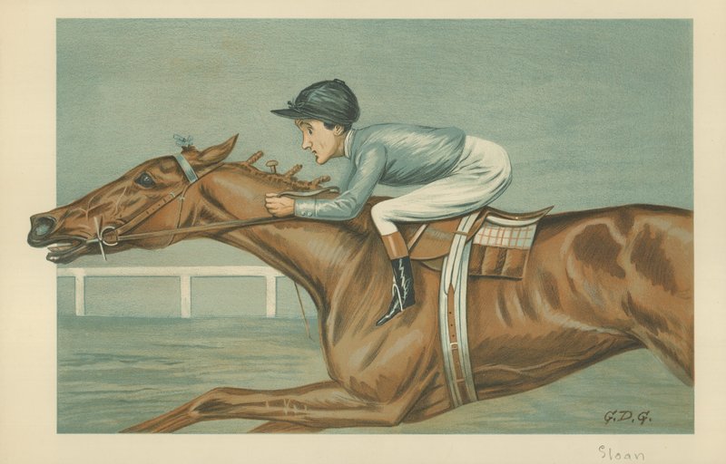 Tod Sloan, americký žokej, 25. května 1899, karikatura Vanity Fair od Godfrey Douglas Giles