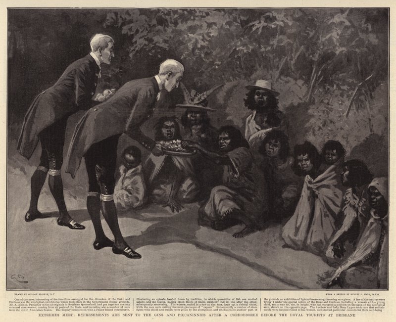 Extrémy se setkávají, občerstvení se posílá do Gins a Piccaninnie po Corrobboree před Royal Tourists v Brisbane od Gordon Frederick Browne