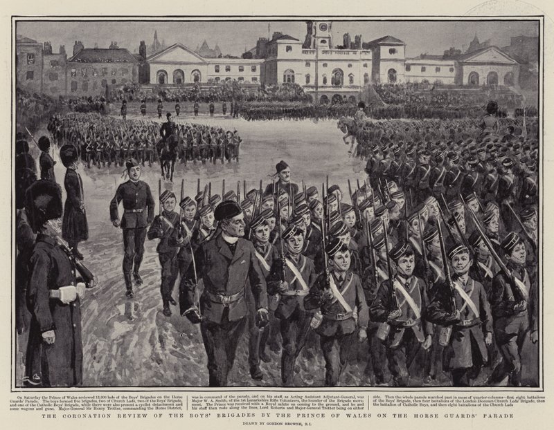 Korunovační recenze chlapeckých brigád princem z Walesu na přehlídce koňských gard od Gordon Frederick Browne