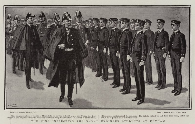 Král kontroluje studenty námořního inženýra v Keyhamu od Gordon Frederick Browne