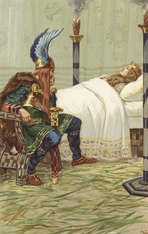 Harald seděl vedle ní a pozoroval ji (chromolitho) od Gordon Frederick Browne