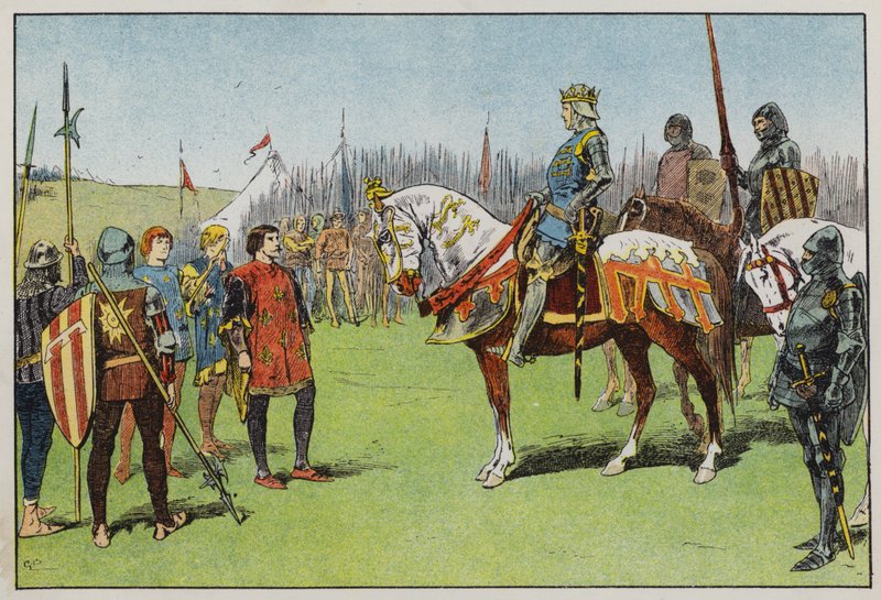 Jindřich V. před bitvou u Agincourtu (barva litho) od Gordon Frederick Browne
