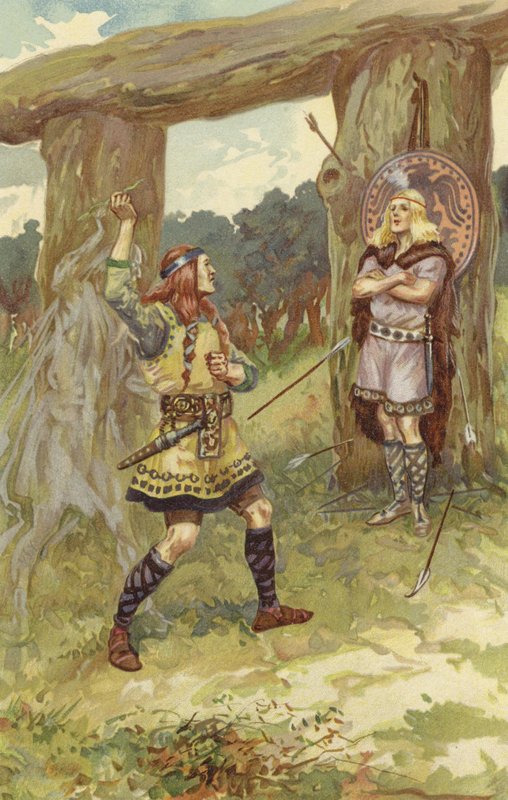 Hodur vzal Lokimu jmelí a Loki vedl jeho paži, mrštil ji na Baldura a Baldur s ostrým výkřikem padl mrtvý (chromolitho) od Gordon Frederick Browne