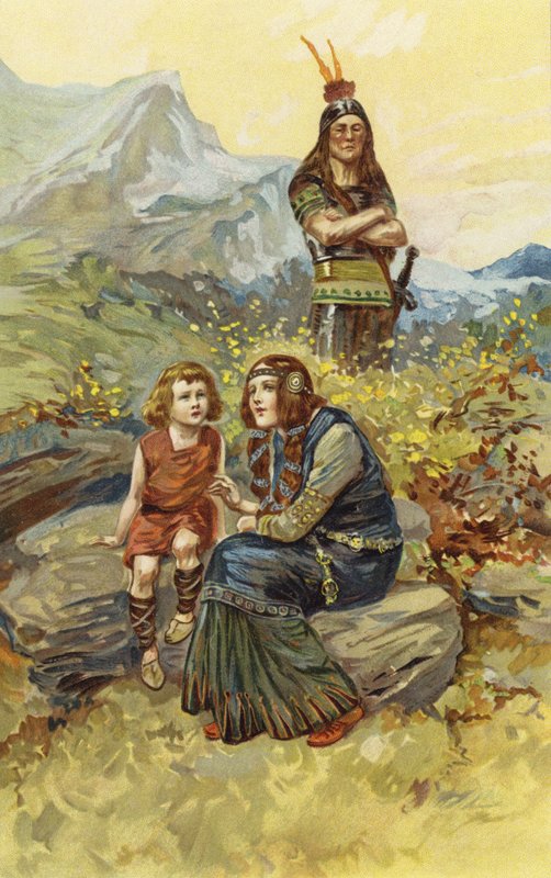 Vázanka a Olaf, její syn, seděli v ranním slunci (chromolitho) od Gordon Frederick Browne