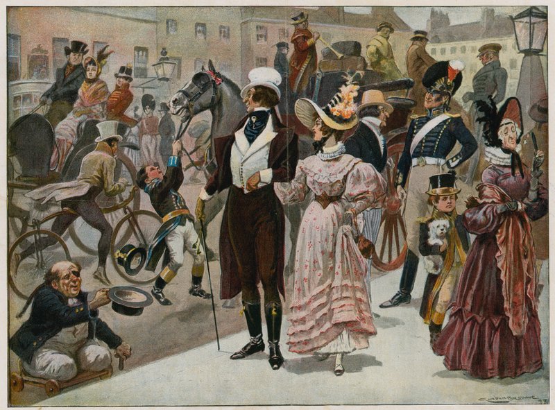 Počátky našeho století – Piccadilly, Londýn, v roce 1800; barevná deska od Gordon Frederick Browne