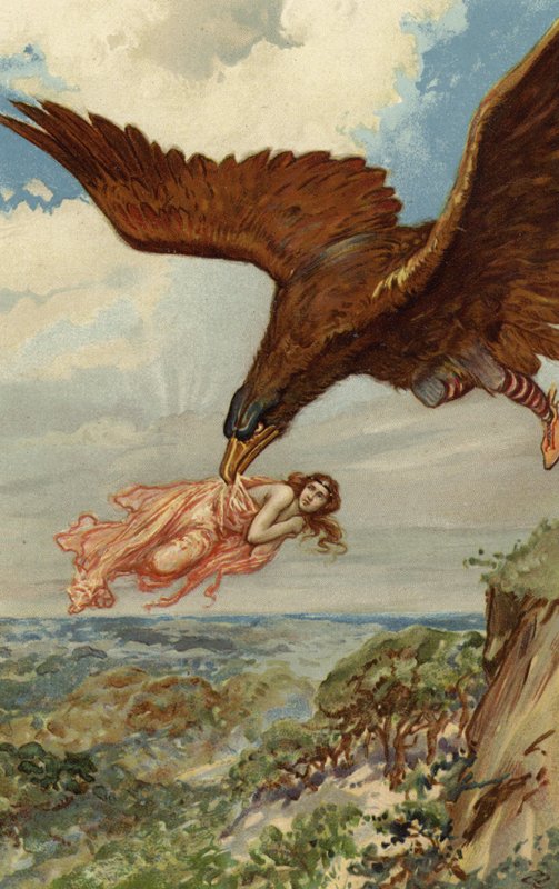 Thjassi, obr, ve svém orlím peří letěl dolů a dohonil Idunu (chromolitho) od Gordon Frederick Browne