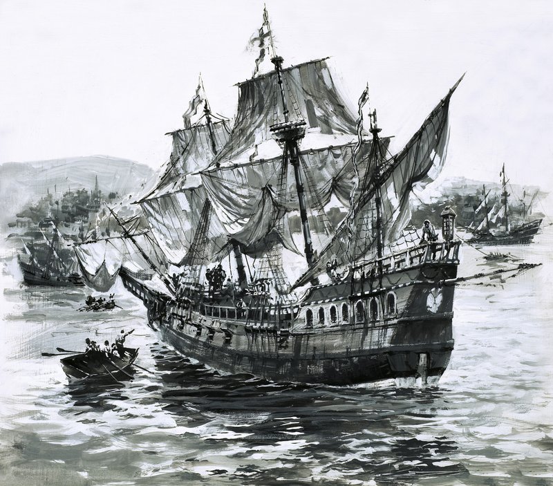 Drakeova loď Golden Hind se vrací do Portsmouthu s obrovským bohatstvím. od Graham Coton