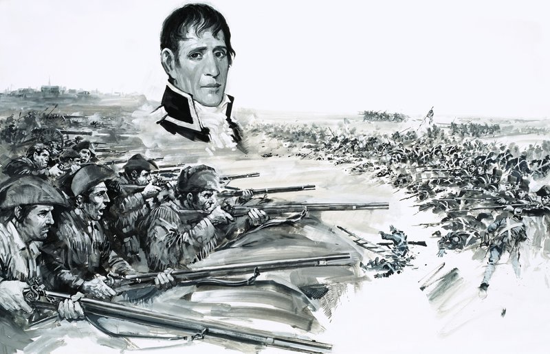 Portrét generála Andrewa Jacksona nad obrazem britské porážky u New Orleans v roce 1815 od Graham Coton