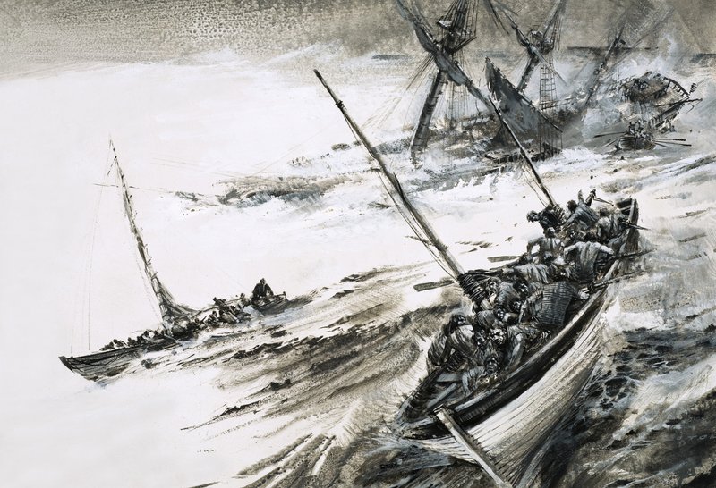 Neidentifikovaný vrak lodi se záchrannými čluny prchajícími do rozbouřeného moře od Graham Coton