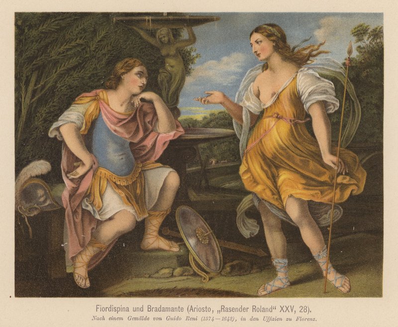 Scéna z románu Orlando Furioso, Ludovico Ariosto (barevná litografie) od Guido (after) Reni