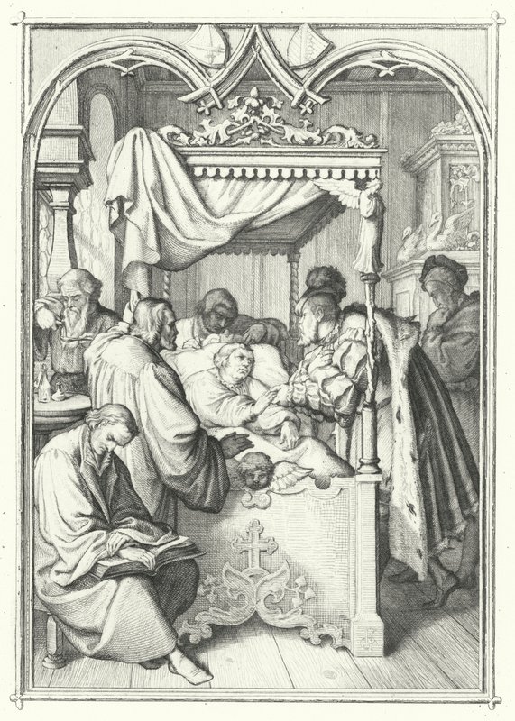 John, saský kurfiřt, navštěvuje Martina Luthera v nemocnici (rytina) od Gustav Ferdinand Leopold Konig
