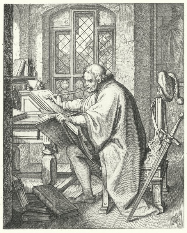 Martin Luther zahajuje překlad Bible na hradě Wartburg (rytina) od Gustav Ferdinand Leopold Konig