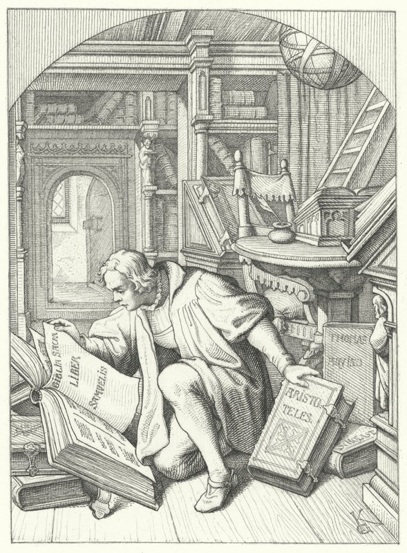 Martin Luther objeví v knihovně na Erfurtské univerzitě latinskou bibli (rytina) od Gustav Ferdinand Leopold Konig