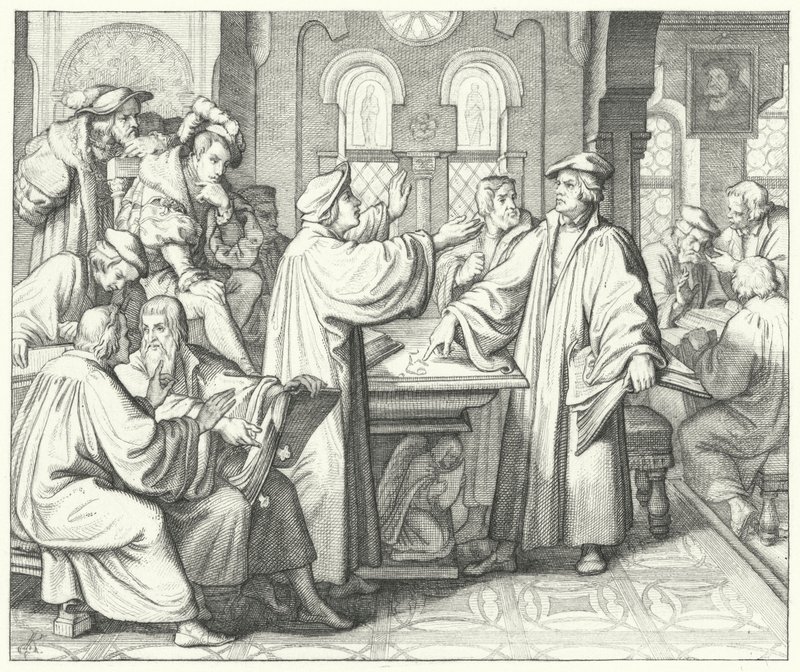Martin Luther diskutuje o svátosti s Huldrychem Zwinglim (rytina) od Gustav Ferdinand Leopold Konig