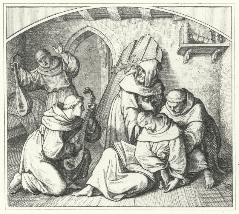 Martin Luther omdlévá s Biblí v ruce a jeho přátelé ho přivádějí k rozumu (rytina) od Gustav Ferdinand Leopold Konig
