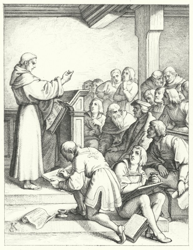 Martin Luther na přednášce filozofie a teologie pro svůj bakalářský titul (rytina) od Gustav Ferdinand Leopold Konig