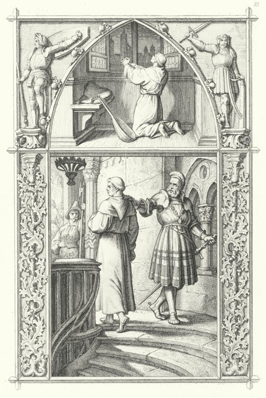 Martin Luther v modlitbě, když se připravuje na Diet of Worms (nahoře). Georg von Frundsberg povzbuzuje Martina Luthera (dole) (rytina) od Gustav Ferdinand Leopold Konig