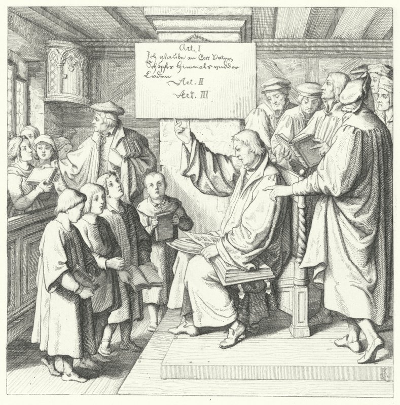 Martin Luther představuje katechismus školákům (rytina) od Gustav Ferdinand Leopold Konig