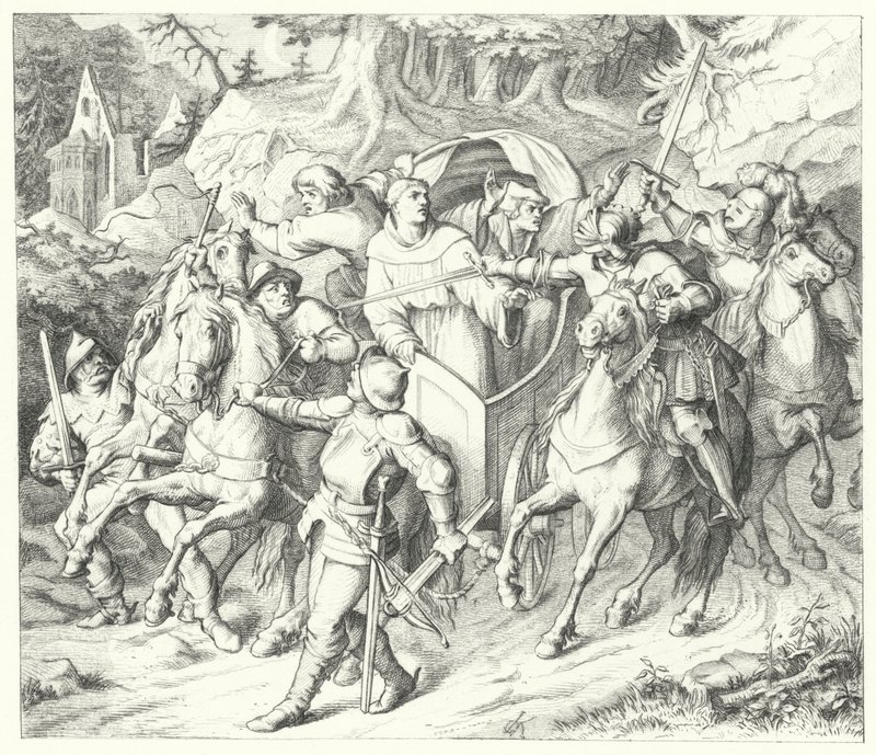 Martin Luther je unesen při svém návratu z Wormského sněmu v roce 1521 od Gustav Ferdinand Leopold Konig
