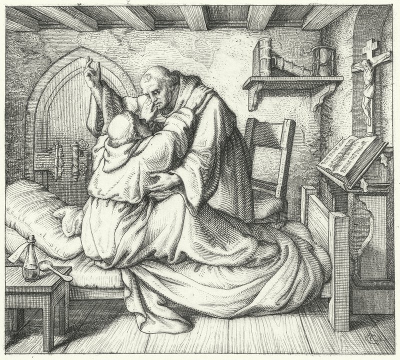 Martin Luther je utěšován kolegou mnichem během jeho duchovního mučení v klášteře (rytina) od Gustav Ferdinand Leopold Konig